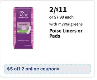 Walgreens Poise Liners or Pads offer