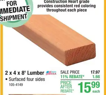 Menards 2 x 4 x 8' Redwood ConHeart Lumber offer