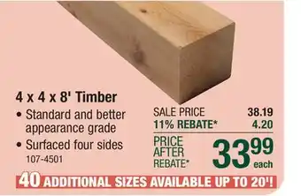 Menards 4 x 4 x 8' Red Cedar Timber offer