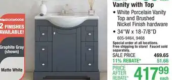 Menards MagickWoods Windsor 34W x 18-7/8D Matte White Vanity and White Porcelain Vanity Top with Semi-Oval Integrated Bowl offer