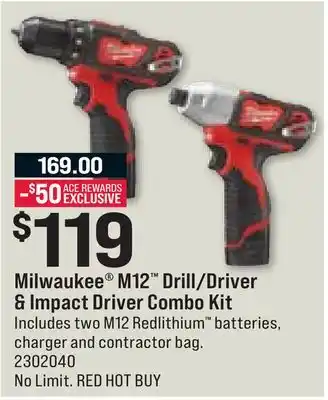 Ace Hardware Milwaukee M12 Drill/Driver & Impact Driver Combo Kit offer