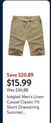 Walmart Iceglad Men's Linen Casual Classic Fit Short Drawstring Summer Beach Shorts offer