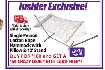 Ocean State Job Lot Single Person Cotton Rope Hammock with Pillow & 12' Stand offer
