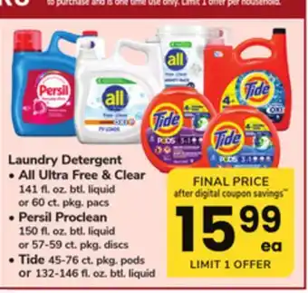 ACME Laundry Detergent • All Ultra Free & Clear 141 fl. oz. btl. liquid or 60 ct. pkg. pacs • Persil Proclean 150 fl. oz. btl. liq offer