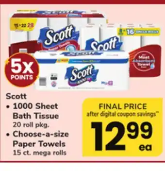 ACME Scott 1000 Sheet Bath Tissue 20 roll pkg., Choose-a-size Paper Towels 15 ct. mega rolls offer