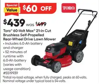Lowe's 60-Volt Max i 21-in Cut Brushless Self-Propelled Rear-Wheel Drive Lawn Mower offer