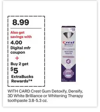 CVS Crest Gum Detoxify, Densify, 3D White Brilliance or Whitening Therapy toothpaste 3.8-5.3 oz offer