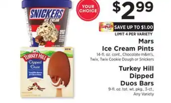 ShopRite Ice Cream Pints 14-fl. oz. cont., Chocolate m & m's, Twix, Twix Cookie Dough or Snickers Turkey Hill Dipped Duos Bars 9-fl. o offer