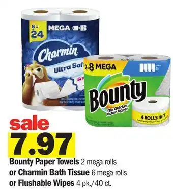 Meijer Bounty Paper Towels 2 mega rolls or Charmin Bath Tissue 6 mega rolls or Flushable Wipes 4 pk./40 ct offer