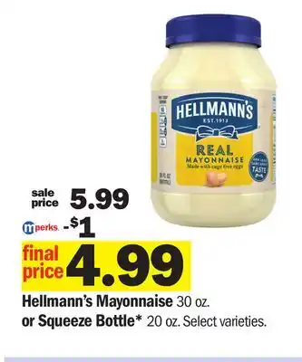 Meijer Hellmann's Mayonnaise 30 oz. or Squeeze Bottle* 20 oz offer