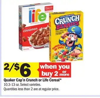 Meijer Quaker Cap'n Crunch or Life Cereal offer