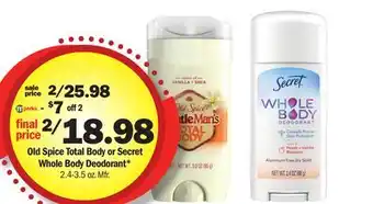 Meijer Old Spice Total Body or Secret Whole Body Deodorant offer