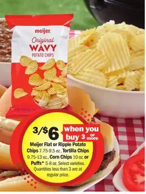 Meijer Meijer Flat or Ripple Potato Chips 7.75-9.5 oz., Tortilla Chips 9.75-13 oz., Corn Chips 10 oz. or Puffs* 5-8 oz offer