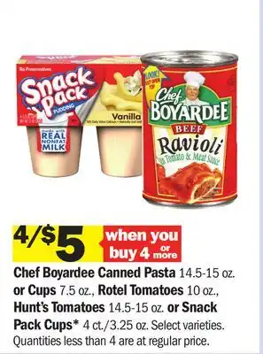 Meijer Chef Boyardee Canned Pasta 14.5-15 oz. or Cups 7.5 oz., Rotel Tomatoes 10 oz., Hunt's Tomatoes 14.5-15 oz. or Snack Pack Cups offer