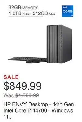 Costco HP ENVY Desktop - 14th Gen Intel Core i7-14700 - Windows 11 Professional offer