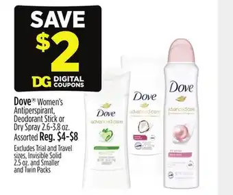 Dollar General Dove Women's Antiperspirant, Deodorant Stick or Dry Spray 2.6-3.8 oz offer