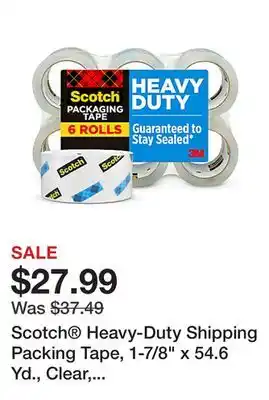 Office Depot Scotch Heavy-Duty Shipping Packing Tape, 1-7/8 x 54.6 Yd., Clear, Pack Of 6 Rolls offer
