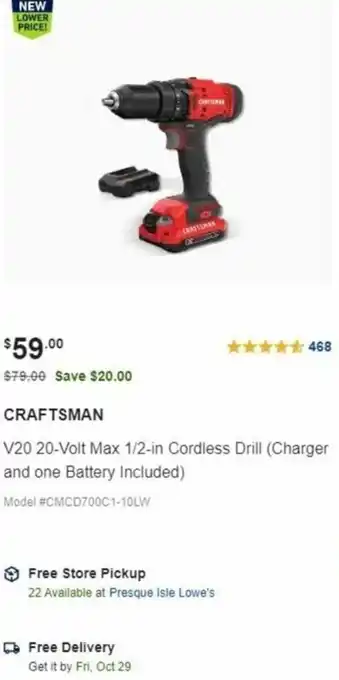 Lowe's V20 20-Volt Max 1/2-In Cordless Drill offer