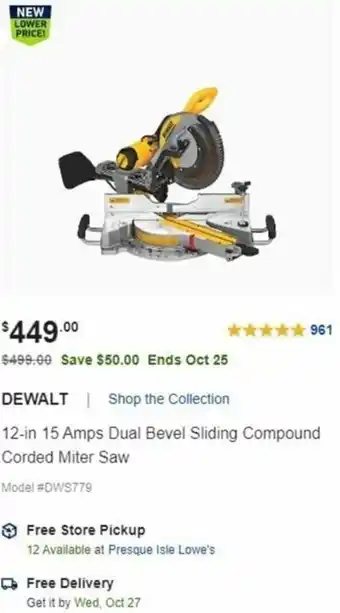 Lowe's 12-In 15 Amps Dual Bevel Sliding Compound Corded Miter Saw offer