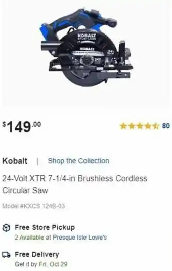 Lowe's 24- Volt XTR 7-1/4-In Brushless Cordless Circular Saw offer