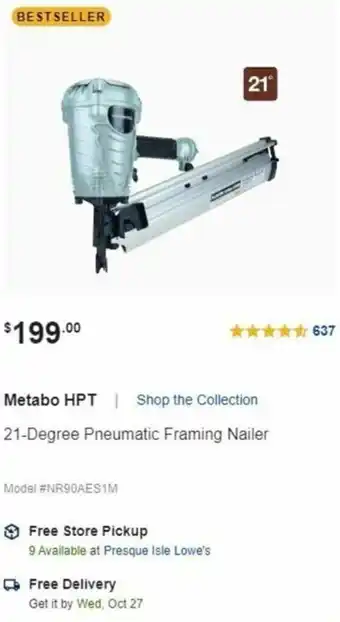 Lowe's Metabo 21-Dregree Pneumatic Framing Nailer offer
