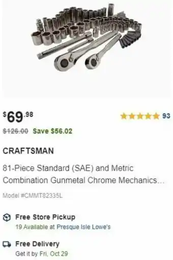 Lowe's 81-Piece Standard (SAE) And Metric Combination Gunmetal Chrome offer
