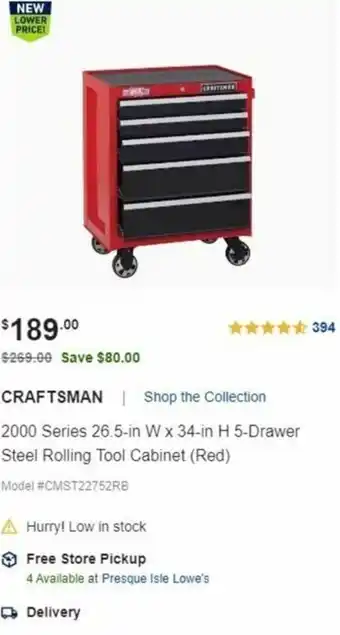 Lowe's 2000 Series 26 5-In W x 34-In H 5-Drawer Steel Rolling Tool Cabinet offer
