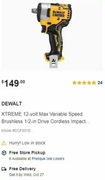 Lowe's Xtreme 12-Volt Max Variable Speed Brushless 1/2-In Drive Cordless offer