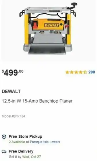 Lowe's Dewalt 12 5-In-Amp Benchtop Planer offer