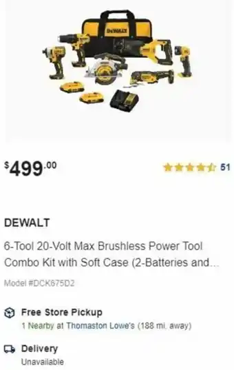 Lowe's Dewalt 6-Tool 20-Volt Max Brushless Power Tool Combo Kit With Soft Case offer