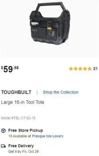 Lowe's Toughbuilt Large 16-In Tool Tote offer