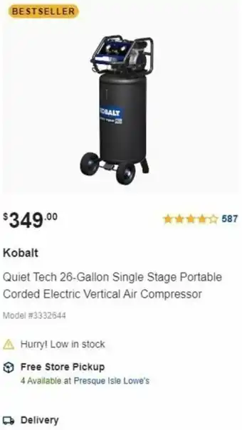 Lowe's Quiet Tech 26-Gallon Single Stage Portable Corded Electric Vertical Air Compressor offer