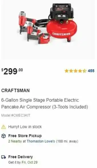 Lowe's Craftsman 6-Gallon Single Stage Portable Electric Pancake Air Compressor offer