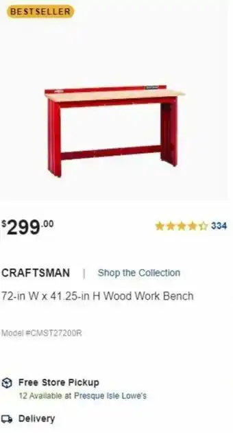 Lowe's 72-In W x 41.25 H Wood Work Bench offer