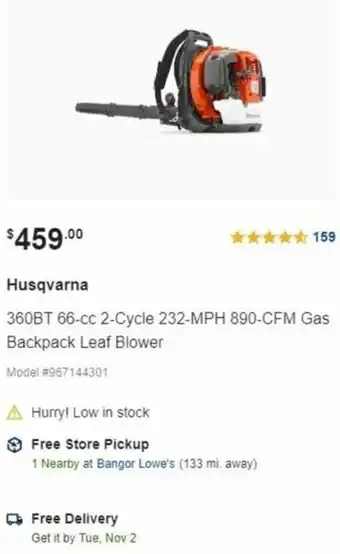 Lowe's Husqvarna 360BT 66-CC 2-Cycle 232-MPH 890-CFM Gas Backpack Leaf Blower offer