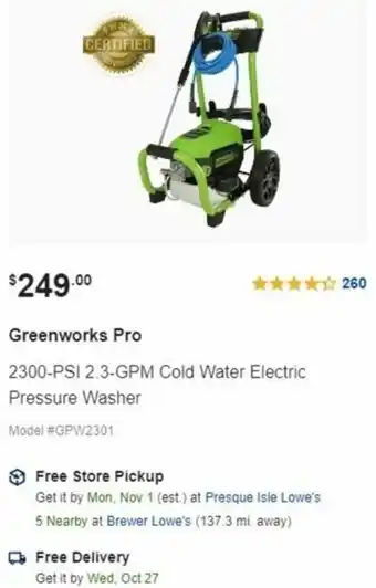 Lowe's Greenworks Pro 2300-PSI 2.3-GPM Cold Water Electric Pressure Washer offer