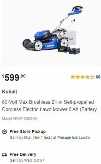 Lowe's 80-Volt Max Brushless 21-In Self-Propelled Cordless Electric Lawn Mower 6 Ah offer