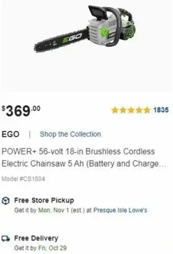 Lowe's Ego Power+56-Volt 18-In Brushless Cordless Electric Chainsaw 5 Ah offer