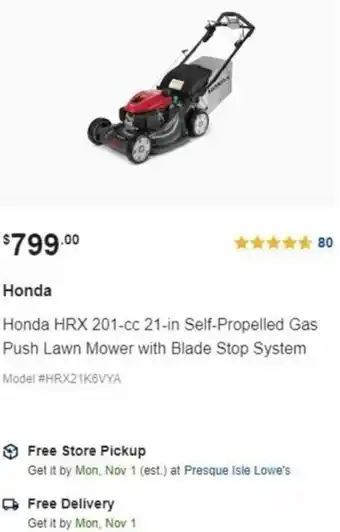 Lowe's Honda HRX 201- CC 21-In Self-Propelled Gas Push Lawn Mower With Blade Stop System offer