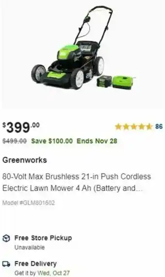 Lowe's 80-Volt Max Brushless 21-IN Push Cordless Electric Lawn Mower 4 Ah offer