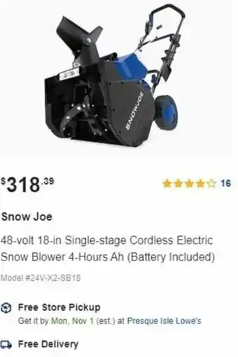 Lowe's Snow Joe 48-Volt 18-In Single-Stage Cordless Electric Snow Blower 4-Hours Ah offer