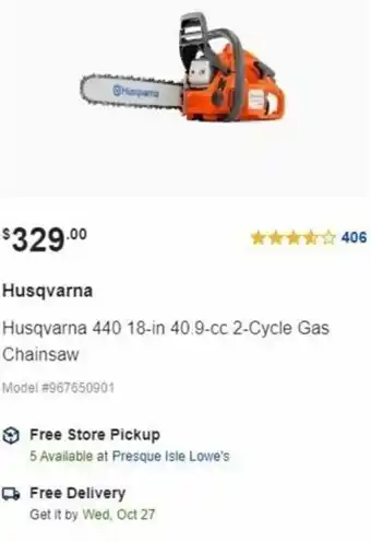 Lowe's Husqvarna 400 18-In 40.9-CC 2-Cycle Gas Chainsaw offer