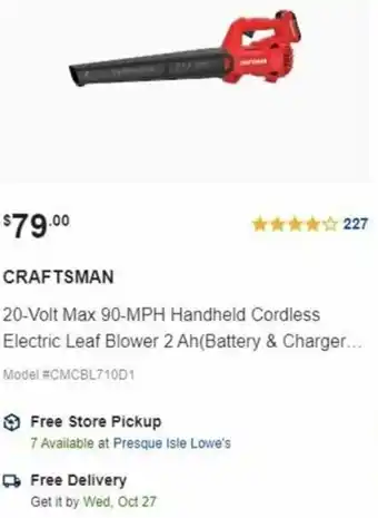 Lowe's 20-Volt Max 90-MPH Handheld Corldless Electric Leaf Blower 2 Ah offer