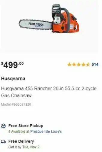 Lowe's Husqvarna 455 Rancher 20-In 55.5-cc 2-Cycle Gas Chainsaw offer