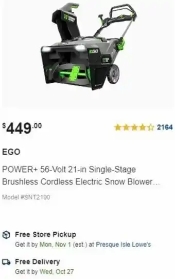 Lowe's Power+56-Volt 21-In Single-Stage Brushless Cordless Electric Snow Blower offer