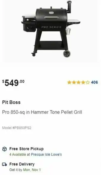 Lowe's Pit Boss Pro 850-Sq In Hammer Tone Pellet Grill offer
