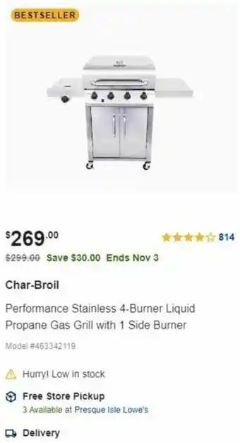 Lowe's Char-Broil Performance Stainles 4-Burner Liquid Propane Gas Grill With 1 Side Burner offer
