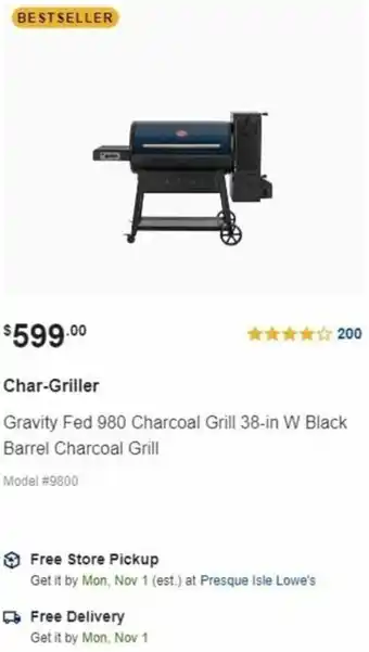 Lowe's Char-Griller Gravity Fed 980 Charcoal Grill 38-In W Black Barrel Charcoal Grill offer