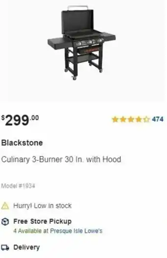 Lowe's Blackstone Culinary 3-Burner 30 In. With Hood offer