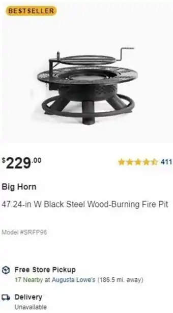 Lowe's Big Horn 47.24-In W Black Steel Wood-Burning Fire Pit offer